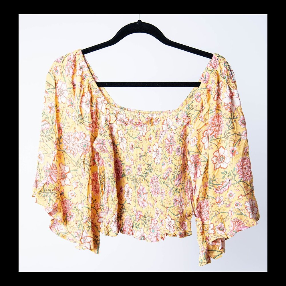 Billabong Womens Yellow Floral Crop Wide Sleeve Off Shoulder Top L NWT